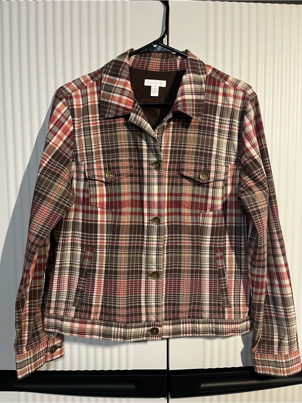 Charter Club Plaid Button-Front Jacket in Brown, Red & Cream